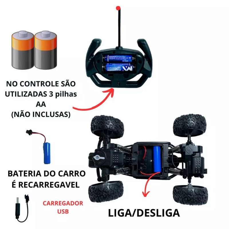 Carrinho de Controle Remoto 4x4 Recarregável USB Anda Na Terra Jeep Off Road Rock Crawler